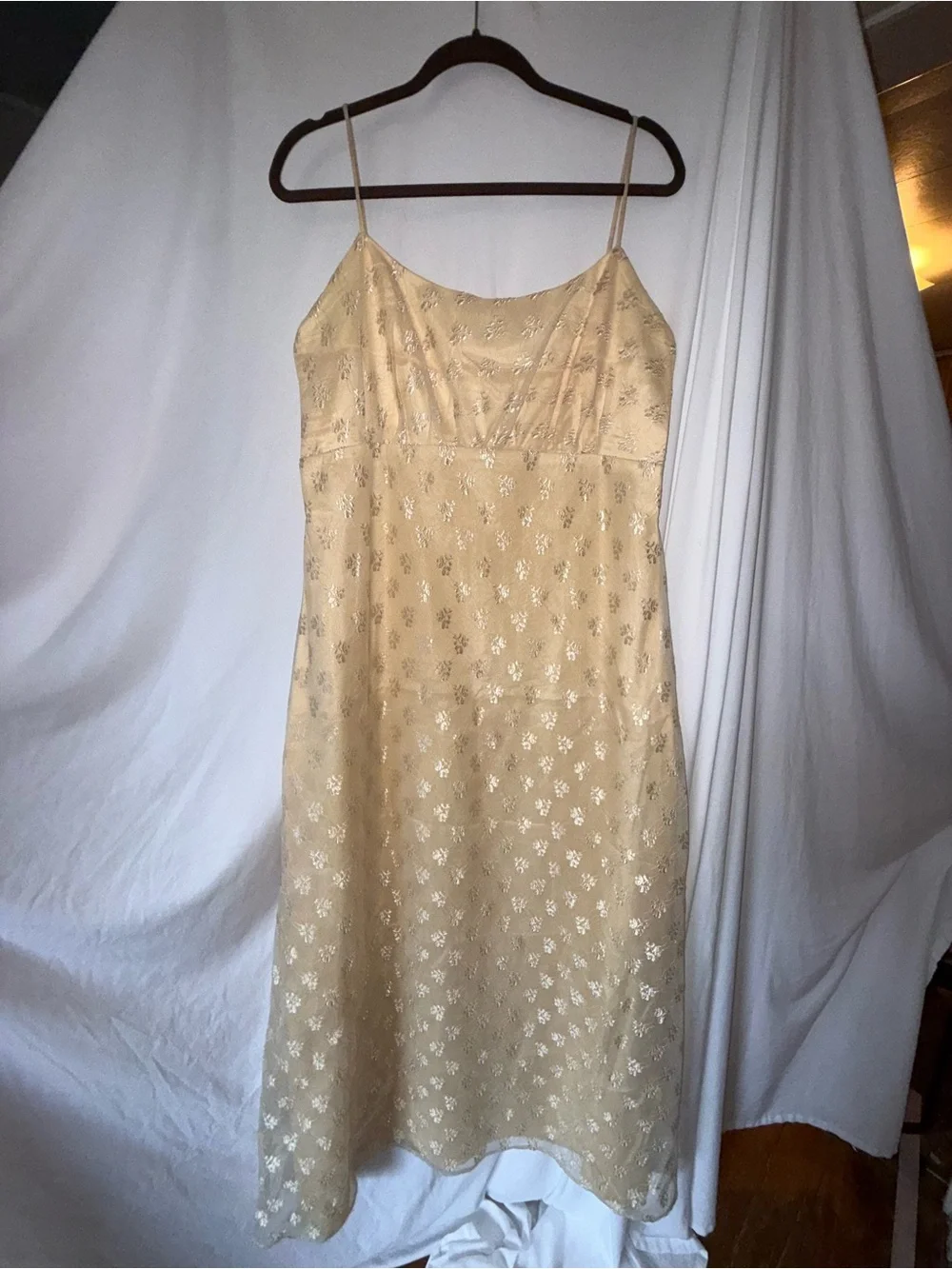 Elegant pale yellow Slip Dress with Metallic Floral Detail